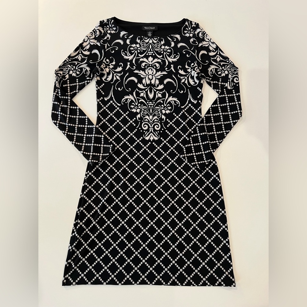 WHBM Paisley Geometric Black and White Long Sleeve Dress - Picture 2 of 14